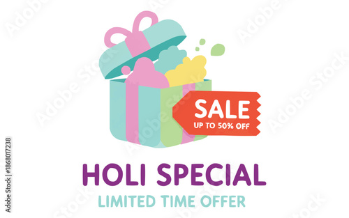 Vibrant Holi sale banner with gift box and colorful balloons