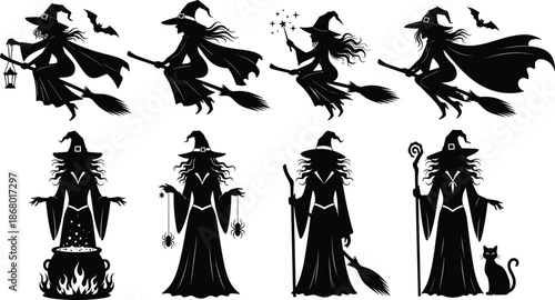 Witch silhouette vector set with flying broom, magic wand, cauldron and Halloween elements for spooky party, decoration, poster designs.