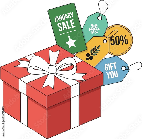 Red wrapped gift box emerges with assorted colorful discount sale tags featuring percentages savings and holiday winter season promotions