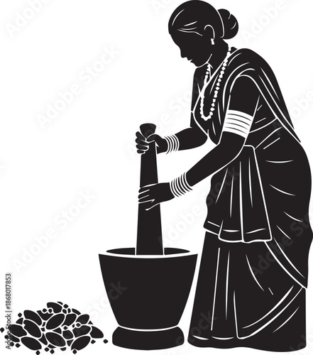 Asian Indian Village Woman Grinding Spice Icon silhouette vector black on a white background