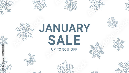 Seasonal announcement banner advertising a large january sale event featuring stylized blue snowflakes scattered across a clean white background design template