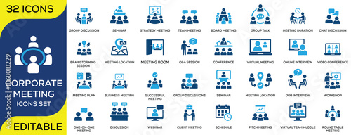 Corporate meeting icons set including team meeting, board meeting, seminar, conference, webinar, virtual meeting, brainstorming, interview and workshop concepts. Clean flat vector icons with editable 