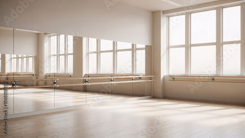 Bright and minimalistic empty dance studio with mirrored wall and wooden floors