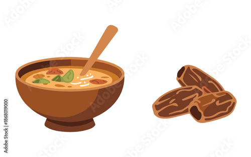 Delicious bowl of dates soup with fresh herbs and dates on side