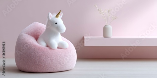 a cute, fluffy unicorn sitting on a pink, furry bean bag chair in a room with a light pink wall