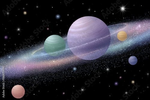a black background with colorful planets and stars scattered across it, creating an imaginative space-themed wallpaper in various shades of green, yellow, blue, purple, pink, orange, red, and white.