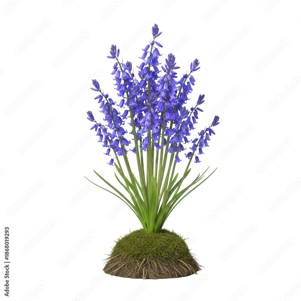 Obraz premium Bluebell flowers with green leaves on a mossy mound isolated on transparent background