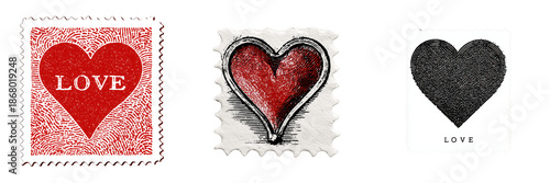 Three heart shaped postage stamps with the word love isolated on a transparent background