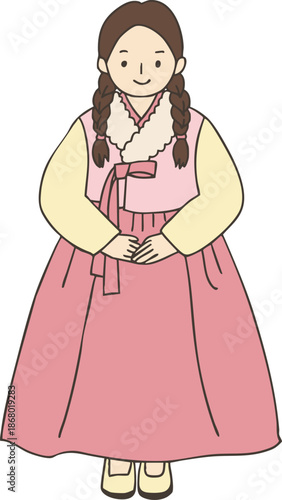 Full-body color illustration drawing of a woman in pink traditional Korean winter hanbok standing politely with both hands gathered in front, wearing braided pigtails