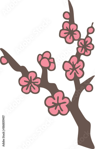 Color illustration drawing of plum blossoms blooming on tree branches during Lunar New Year