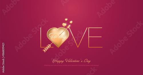 Valentines day holiday banner. All you need is love concept with golden heart and arrow. Holiday banner, flyer, greeting card.