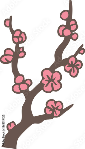 Color illustration drawing of plum blossoms blooming on tree branches during Lunar New Year