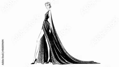 Elegant Woman in a Black Flowing Gown with High Slit.