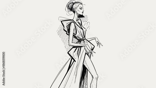 Fashion illustration of a woman in a striking gown.