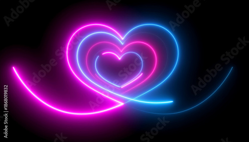 Neon heart shapes glowing in pink and blue light trails on black background creating vibrant romantic atmosphere