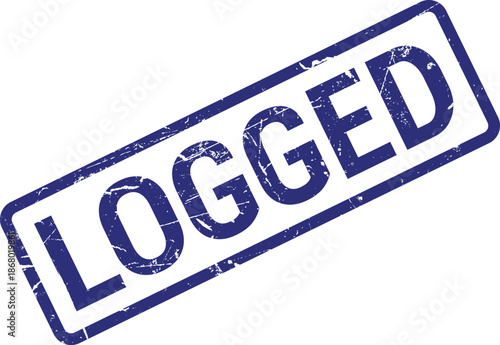 Bold blue LOGGED text with a distressed appearance inside a framed rectangular seal on a bright white background