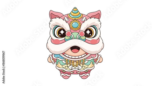 Kawaii lion dance mascot with colorful Chinese New Year design on white background, conveying a cheerful mood with vibrant pink, blue, and orange hues.