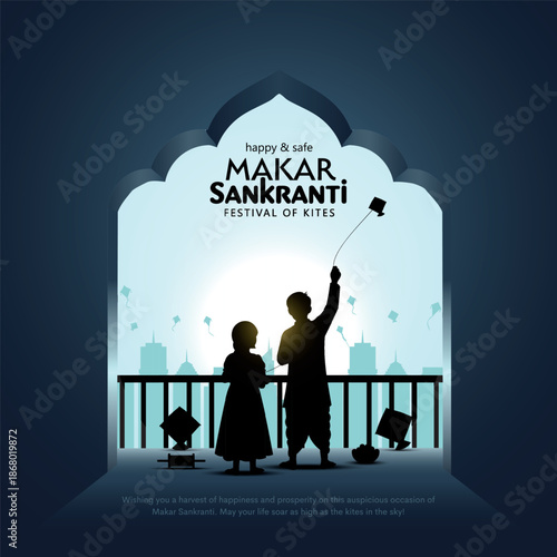 Makar Sankranti creative poster design with child flying kite and cityscape. Makar Sankranti is a Hindu harvest festival celebrated across India. Creative vector illustration.