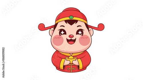 A cute mascot in a traditional Chinese New Year red and gold outfit with a cheerful expression on a white background, conveying a kawaii and festive mood in a close-up portrait.