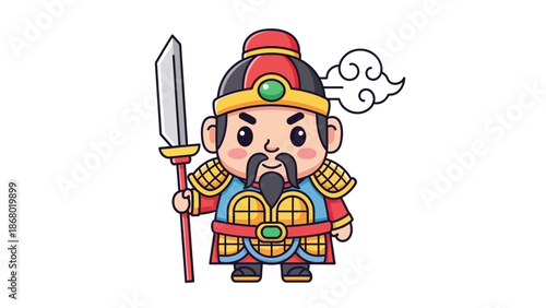 Kawaii Chinese warrior mascot in traditional armor holding a sword with a determined expression on a clean white background.