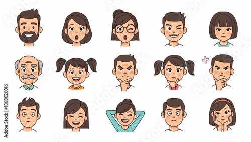 Diverse Set of Cartoon People Faces Expressing Various Emotions.