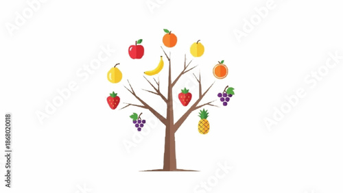 Simple and colorful flat design illustration of a conceptual tree bearing different types of healthy fruits on its bare branches.