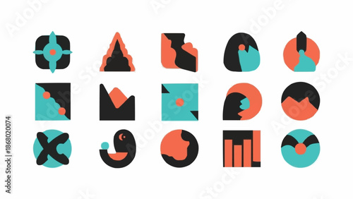 Set of abstract geometric shapes and icons in flat design style.