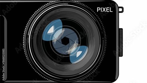 Close up of a digital camera lens with the word Pixel.