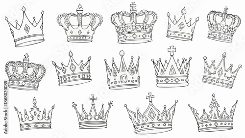 Collection of Hand Drawn Crown Illustrations on White Background.