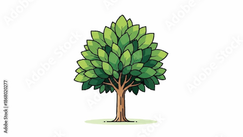 Clean and modern vector illustration of a stylized deciduous tree with a dense canopy of lush green leaves and a simple brown trunk.