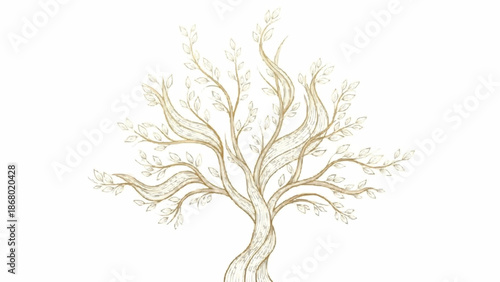 Elegant and artistic pencil sketch of a mystical tree with gracefully flowing branches and leaves, drawn in a delicate, light-brown style.