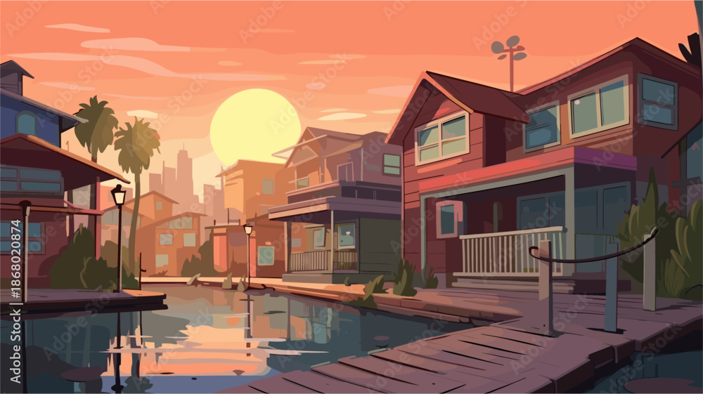 Fototapeta premium a waterfront neighborhood at sunset. Colorful wooden bungalows line a calm canal or river reflecting the warm orange sky and a large sun. A wooden boardwalk pier sits in the foreground, with palm tree