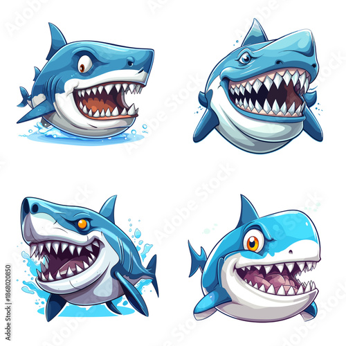 Set of four fierce and aggressive cartoon shark mascots. Blue sharks with large sharp teeth, powerful jaws, and intense expressions