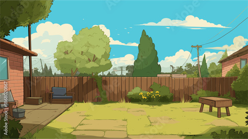 a peaceful suburban backyard garden. Scenic view featuring a red brick house wall, a long wooden fence, green lawn with stone path, and trees under a bright blue sky with clouds