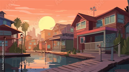 a waterfront neighborhood at sunset. Colorful wooden bungalows line a calm canal or river reflecting the warm orange sky and a large sun. A wooden boardwalk pier sits in the foreground, with palm tree