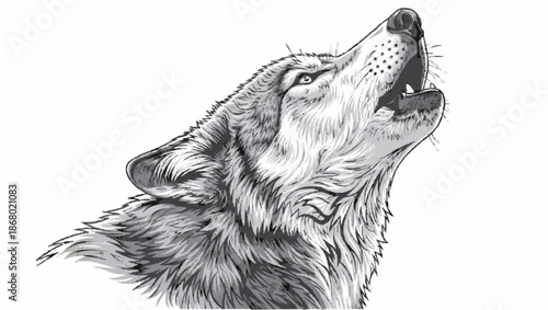 Detailed black and white illustration of a majestic wolf howling with its head tilted back, showcasing its thick fur and intense expression.