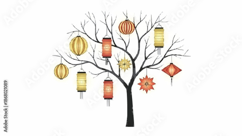Whimsical illustration of a bare-branched tree decorated with a variety of colorful and ornate paper lanterns, creating a festive atmosphere.