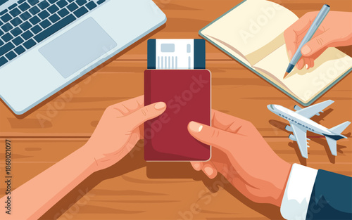 Person handing over a passport with boarding pass to another person on a wooden desk with a laptop and airplane model nearby