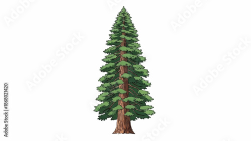 Tall and majestic sequoia or pine tree with dense green foliage and a thick brown trunk, illustrated in a realistic style on a white background.