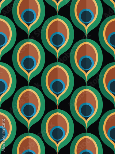 Repeating pattern of vibrant peacock feathers on a dark background viewed from directly above