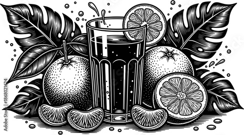 Fresh orange juice glass with fruit slices and tropical leaves, black and white hand drawn sketch of healthy citrus drink.