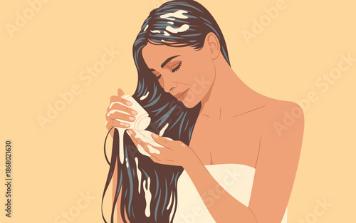 A serene illustration of a woman gently combing her long dark hair with a white comb, lost in thought against a soft yellow background.
