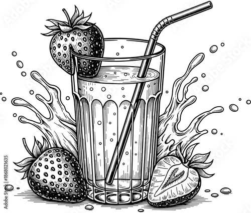 Fresh strawberry juice glass with straw and fruit splashes, black and white hand drawn sketch of organic healthy berry drink.