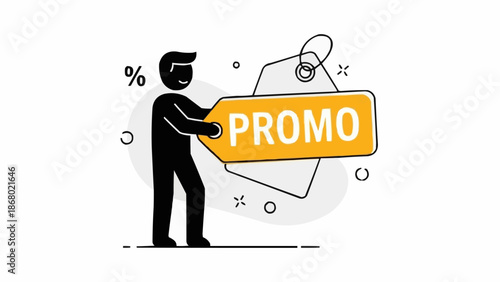 Man holding a large yellow promotional tag with the word promo.