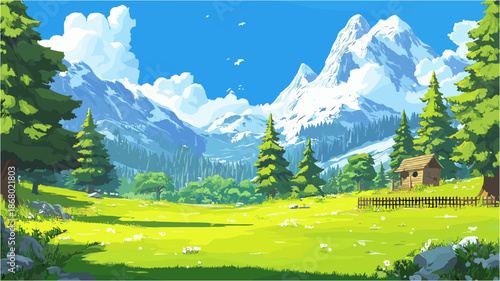 a sunny mountain landscape. Snowy alpine peaks in the background, lush green meadow with pine trees, a small wooden cabin, and a fence under a blue sky with fluffy clouds