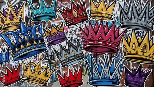 Collection of colorful graffiti crowns on a wall.