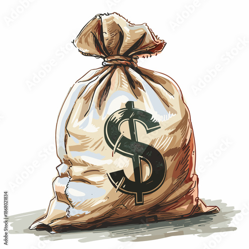 a canvas money bag with a large dollar sign. Comic book style sketch of a full sack tied with a rope, isolated on a white background. Financial concept art showing wealth and currency