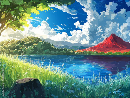 a scenic nature landscape. View of a calm blue lake with a striking red volcanic mountain in the distance. Lush green grass and trees in the foreground, with large fluffy white cumulus clouds