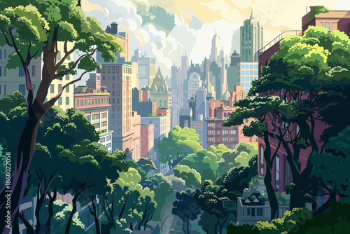 Modern cartoon vector illustration of a lush green city skyline. View of skyscrapers and urban buildings framed by foreground trees, sunny sky with clouds, eco-friendly metropolis background