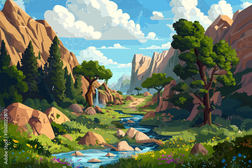 Modern cartoon vector illustration of a scenic canyon landscape. River flowing through rocky cliffs with green trees, waterfall, and blue sky. Nature background for adventure games